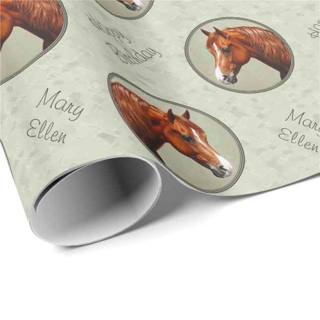 Papier Cadeau Chestnut Morgan Cheval Sage Vert (Coin rond)