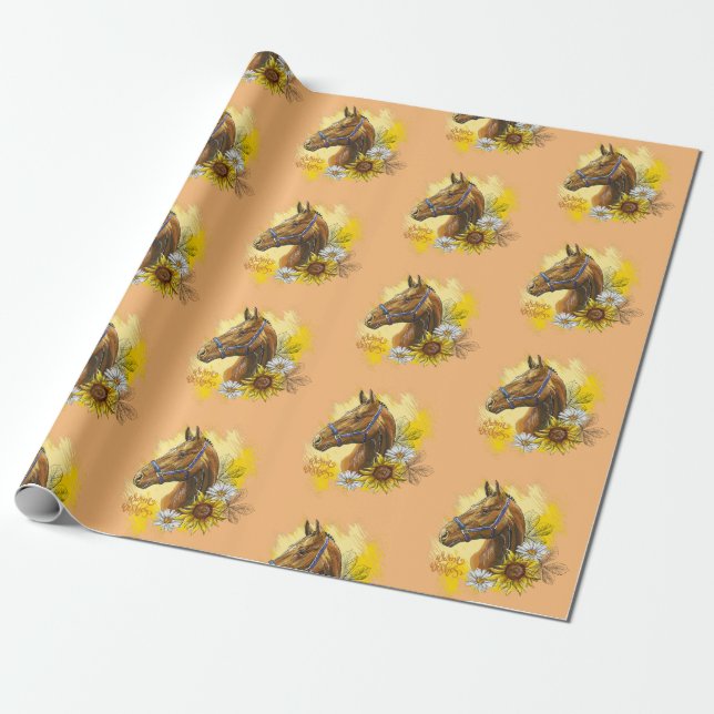Papier Cadeau Cheval à main avec plantes et fleurs (Déroulé)