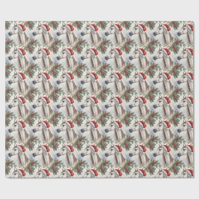 Papier Cadeau Cheval arabe Noël houx aquarelle (Plat)