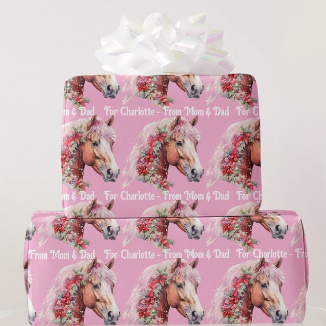 Papier Cadeau Cheval avec rubans de Noël Ajouter le nom de fille (Créateur téléchargé)