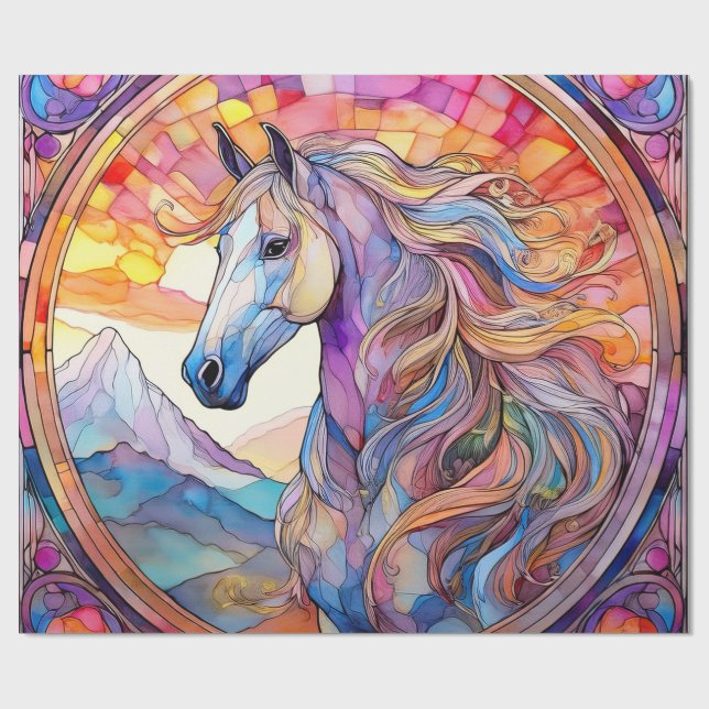 Papier Cadeau Cheval blanc en vitrail (Plat)