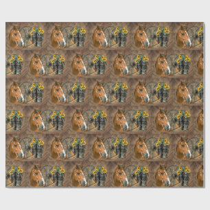 Papier Cadeau Cheval Boot Boots Wagon Wheels Sunflower Western