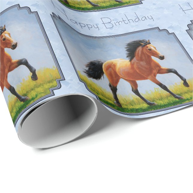 Papier Cadeau Cheval Buckskin courant bleu clair (Coin rond)