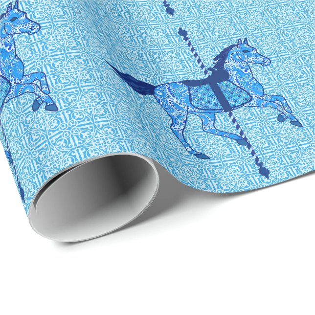 Papier Cadeau Cheval de carrousel - Cobalt et Sky Blue (Coin rond)