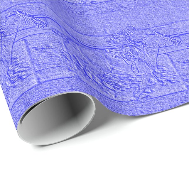 Papier Cadeau Cheval de course bleu en pastel de pur sang de (Coin rond)