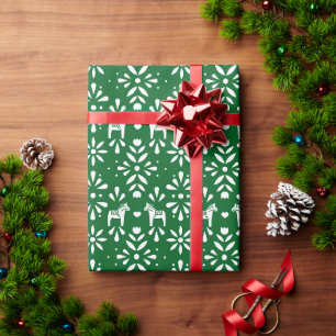 Papier Cadeau Cheval de Dala suédois blanc sur Pine Green Holida
