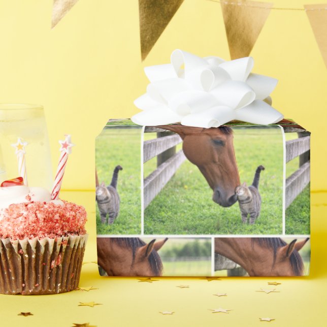 Papier Cadeau Cheval de ferme avec chat tigré (Fête d'anniversaire)