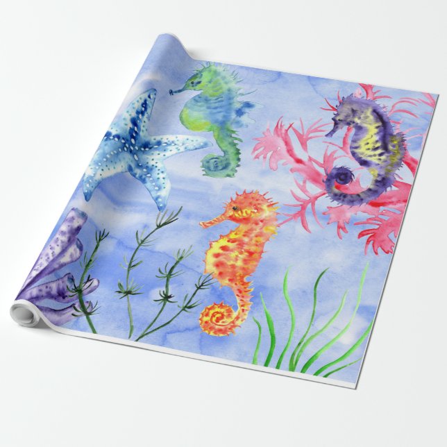 Papier Cadeau Cheval De Mer Et Épée Avec Corail Motif (Déroulé)