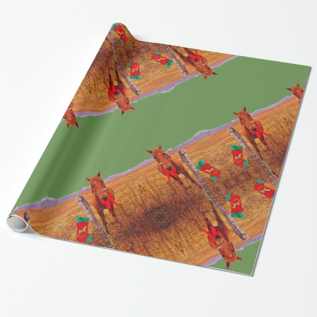 Papier Cadeau Cheval de Noël Arc rouge & bas vert Grandes (Déroulé)