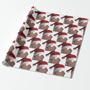 Papier Cadeau Cheval de Noël portant un Casquette du Père Noël
