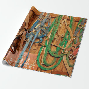 Papier Cadeau Cheval de pont coloré, sac, animaux, grange, bleu,