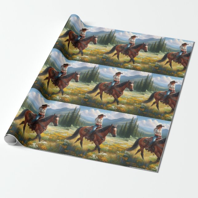 Papier Cadeau Cheval d'équitation Western Cowgirl (Déroulé)