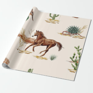 Papier Cadeau Cheval et cactus faunique aquarelle du désert rust