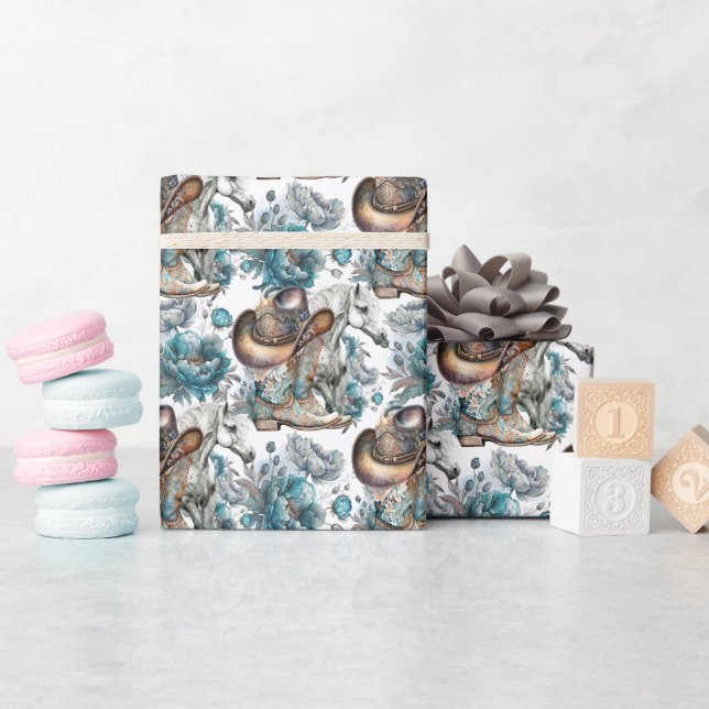 Papier Cadeau Cheval fille cowgirl motif floral turquoise (Baby Shower)