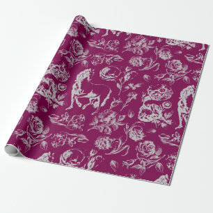 Papier Cadeau Cheval Gris Élégant Vintage Motif Floral Vin