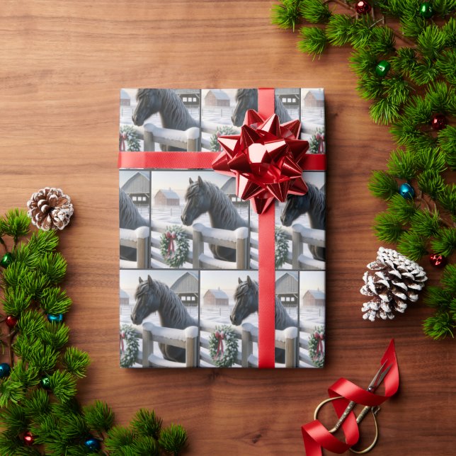 Papier Cadeau Cheval Noir avec couronne de Noël (Cadeau de vacances)