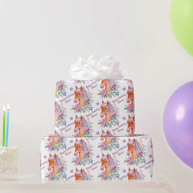 Papier Cadeau Cheval personnalisé avec fleurs filles anniversair (Cadeaux de fête)