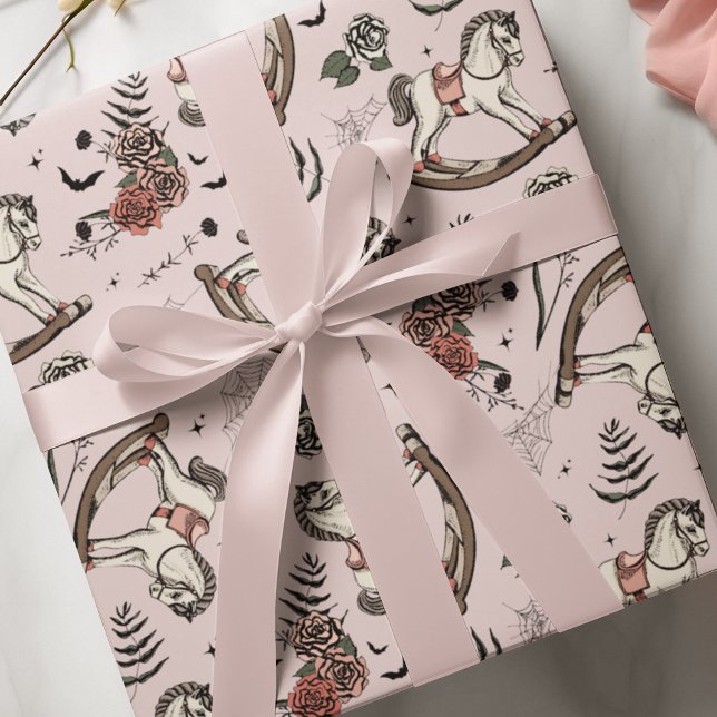 Papier Cadeau Cheval rose-rose vintage Gothique Baby (Chic Blush Pink Gothic Baby Shower Vintage Rocking Horse Wrapping Paper for Halloween Baby Shower.)