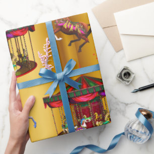 Papier Cadeau Chevaux de Carrousel de Noël en or