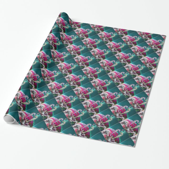PAPIER CADEAU CHEVAUX DE MER EN AMOUR, ROSE TURQUOISE BLEU MÈRE  (Déroulé)