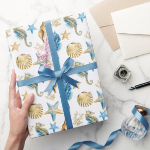 Papier Cadeau Chevaux de mer et coquillages en blanc
