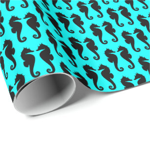 Papier Cadeau Chevaux de mer noirs sur fond bleu aqua
