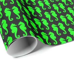 Papier Cadeau Chevaux de mer vert citron sur fond noir