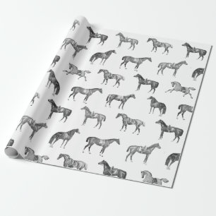 Papier Cadeau Chevaux élégants vintage noir et blanc en selle 