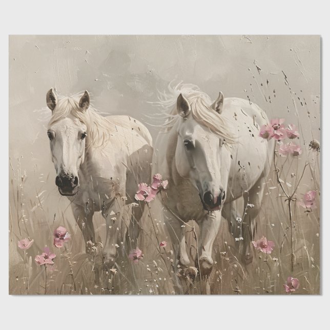 Papier Cadeau Chevaux gris Fleurs roses Peinture à l'huile Décou (Plat)