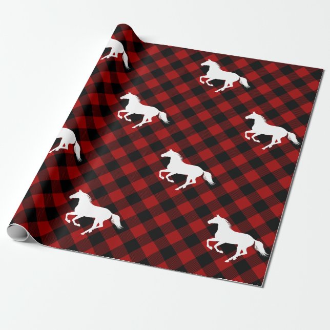Papier Cadeau Chevaux sur le Red Buffalo Plaid (Déroulé)