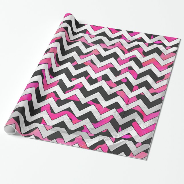 Papier Cadeau Chevron Cow Hot rose et noir (Déroulé)