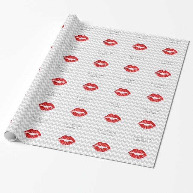 Papier Cadeau Chevron gris blanc Lt, Baiser au rouge à lèvres ro (Déroulé)