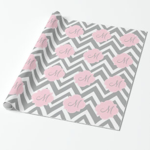 Papier Cadeau Chevron gris et blanc de monogramme avec le rose