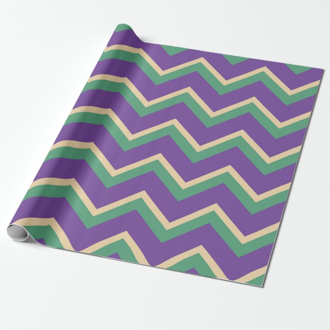 Papier Cadeau Chevron Stripes en violet, vert et or (Déroulé)