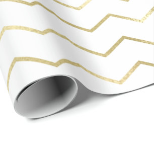 Papier Cadeau Chevron Stripes Lines Gold Metallic Blanc Élégant