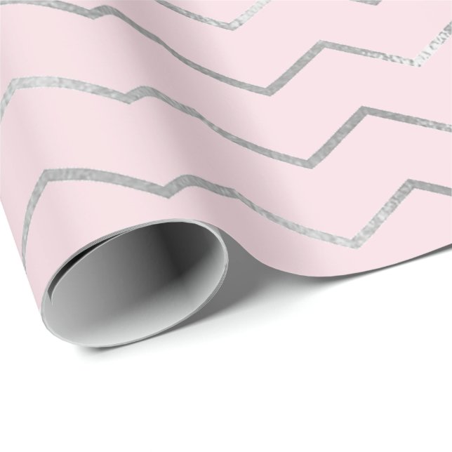 Papier Cadeau Chevron Stripes Lines Silver Metallic rose Élégant (Coin rond)