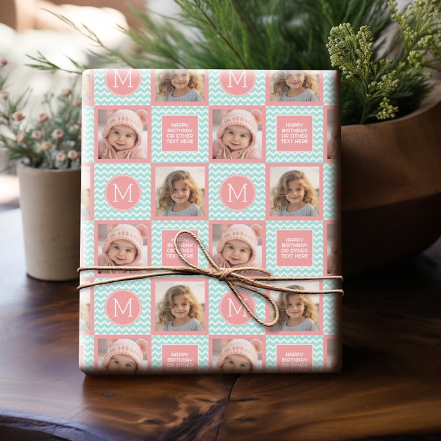 Papier Cadeau Chevrons de menthe et de corail avec Monogramme pe (Personalized Photo Wrapping Paper)