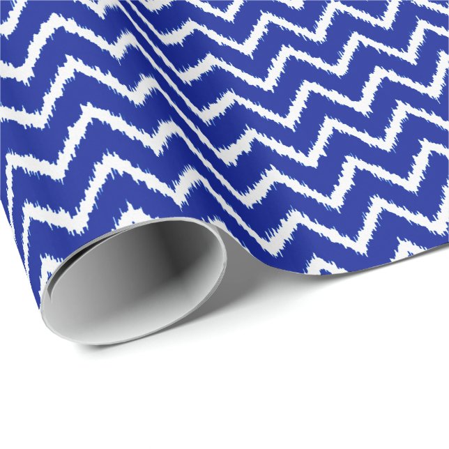 Papier Cadeau Chevrons Ikat - Bleu cobalt et blanc (Coin rond)