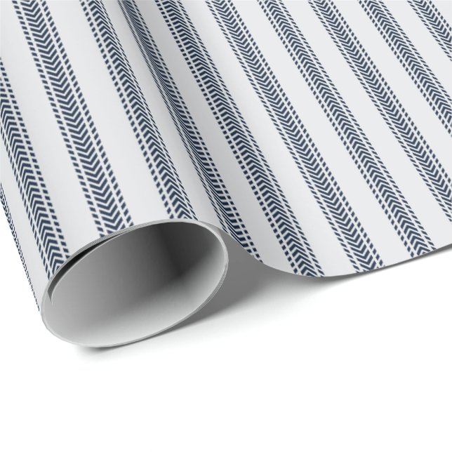 Papier Cadeau Chevrons Navy Bandes à Tic Tac sur Gris Clair (Coin rond)