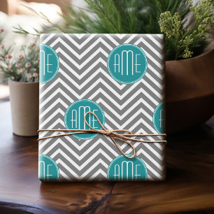Papier Cadeau Chevrons turquoises au charbon de bois Monogramme