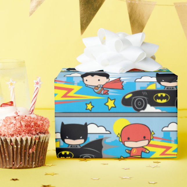 Papier Cadeau Chibi Flash, Superman et Batman Racing Motif (Fête d'anniversaire)
