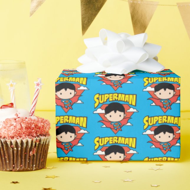 Papier Cadeau Chibi Superman Polka Dot Shield et nom (Fête d'anniversaire)