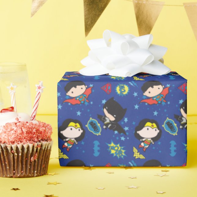 Papier Cadeau Chibi Wonder Woman, Superman et Batman Motif (Fête d'anniversaire)