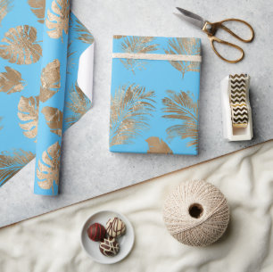 Papier Cadeau Chic Aqua Blue Gold Feuilles tropicaux