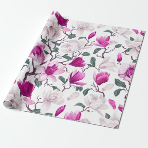 Papier Cadeau Chic Aquarelle Blanc Hot rose Magnolias Motif