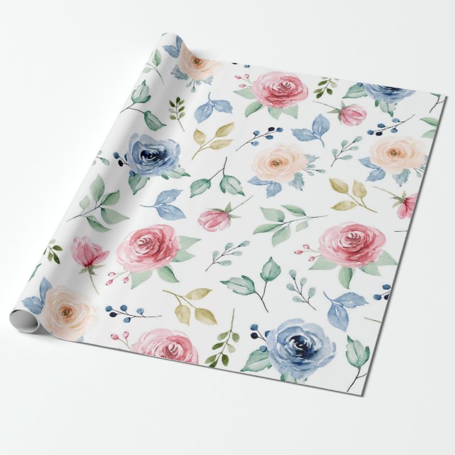 Papier Cadeau Chic Aquarelle Fleurs délicates Motif de feuillage (Déroulé)