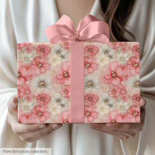 Papier Cadeau Chic aquarelle rose et floral doré 50e anniversair