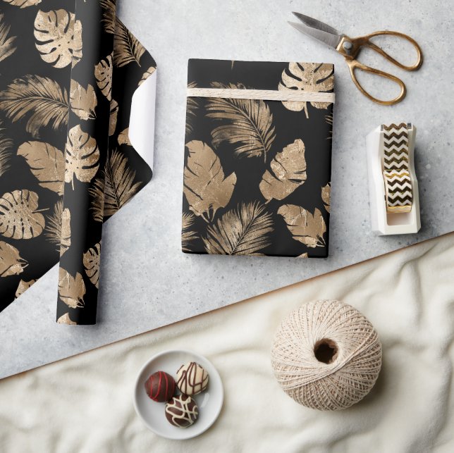 Papier Cadeau Chic Black Gold Tropical Feuilles (Artisanat)