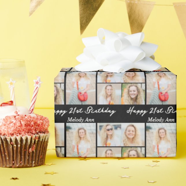 Papier Cadeau Chic Black Happy Birthday Photo Collage (Fête d'anniversaire)