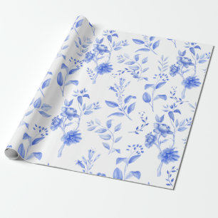 Papier Cadeau Chic Bleu Blanc Chinoiserie Floral Porcelaine